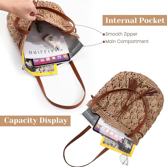 Tavaleu Straw Beach Bags for Women Tote Handbag Shoulder Hobo Bucket Bag | Lightweight, Foldable, PU Straps, Magnetic Closure, Zip Pocket, Reinforced Bottom, Summer Purse, Travel, Vacation, Daily Use - Image 6