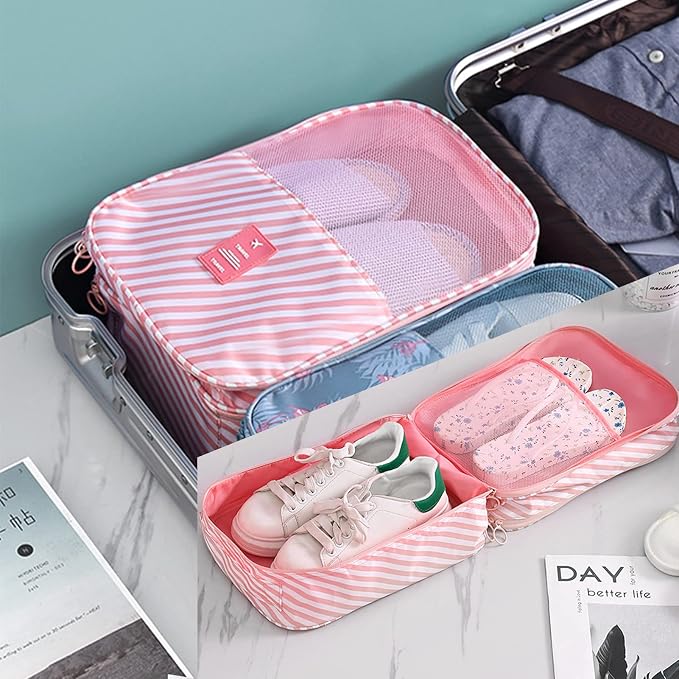 Pink Strip Travel Shoe Bag - Holds 3 Pair of Shoes, Travel Essentials Bag for Flying, Accessories Bag - Image 3