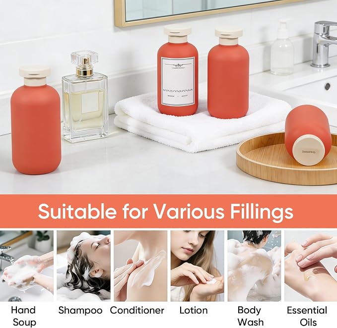 DEMORA 6.6oz Travel Bottles for Toiletries, Larger Plastic Travel Squeeze Bottles Leak Proof Refillable Toiletry Containers with Flip Caps and Labels for Shampoo Conditioner Lotion (Qrange, 4 Pcs) - Image 6