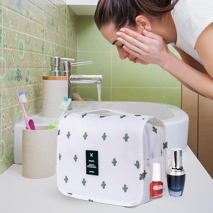 Travel Toiletry Bag for Women, Hanging Toiletry Bag with Multi-Pockets, Toiletry Bag for Traveling Easy Clean, Travel Organizer Cactus Pattern - Image 2