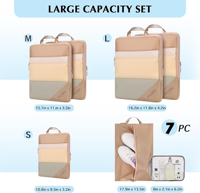 PFEYRPK Lightweight Compression Packing Cubes for Suitcases, Compressible Expandable Travel Packing Organizer with Clear Toiletries and Backpack Bag, Travel Essentials for Carry on Luggage 7 Set - Image 7