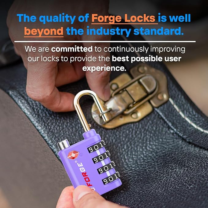 Forge Dual-Opening: Key or Combination Lock, TSA Approved Lock for Luggage, Pelican case, Travel, Gym, School, Luggage Combination Lock, Travel Bag Lock (Purple 2 Pk) - Image 7