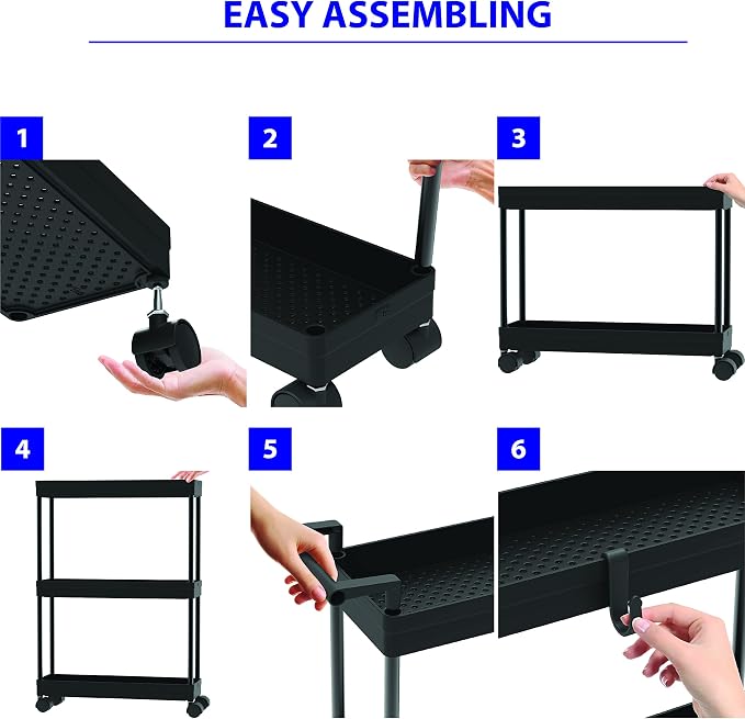 Simple Houseware 3-Tier Slim Rolling Cart w/Handle 5.5" Wx27.5 H, Black | Storage Cart for Narrow Space (5.5-Inch Wide) Kitchen, Bathroom, Laundry Room - Image 8
