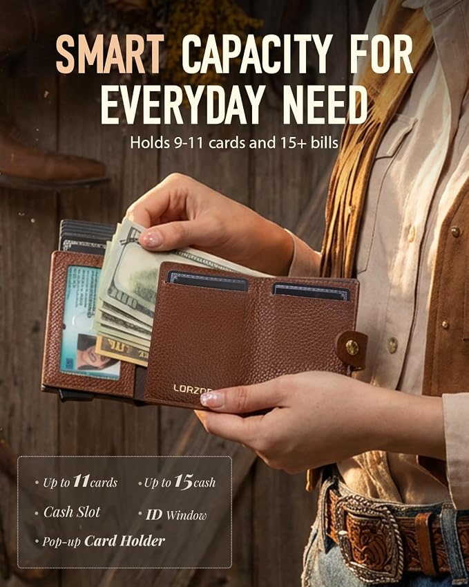 Women Wallet RFID Blocking Wallet for Women, Slim Small Size, Cow Print Top Grain Leather, Pop up Credit Card Holder, Trifold, Minimalist, 9-11 Cards Capacity ID Window Cash Pocket,Gift for Her - Image 4