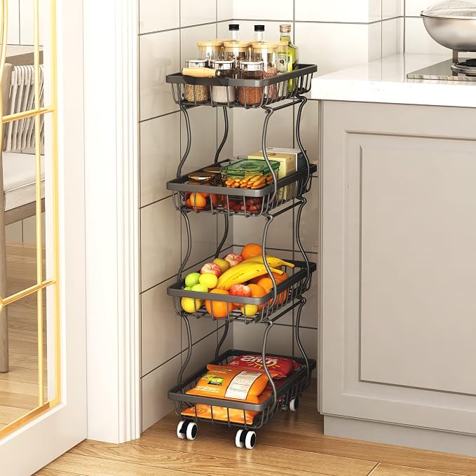 CHLORYARD 4 Tier Slim Fruit Basket for Kitchen, Stackable Metal Wire Fruit Vegetable Storage Baskets Organizer Stand on Wheels, Produce Basket Potato Onion Storage Bins Rack for Pantry. (Black) - Image 2