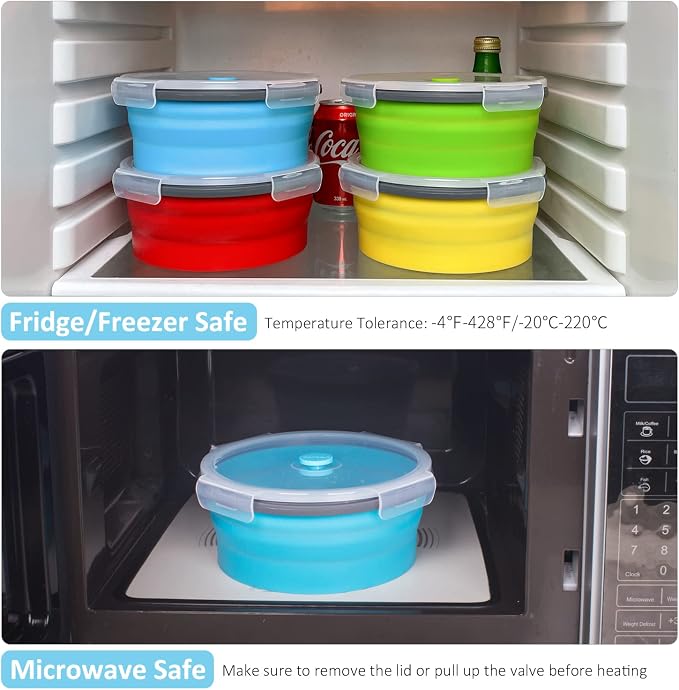 Collapsible Food Storage Containers with Airtight Lid, 40.5 oz, Kitchen Stacking Silicone Collapsible Meal Prep Container Set for Leftover, Microwave Freezer Dishwasher Safe, 4 Colors Round, Set of 4 - Image 6