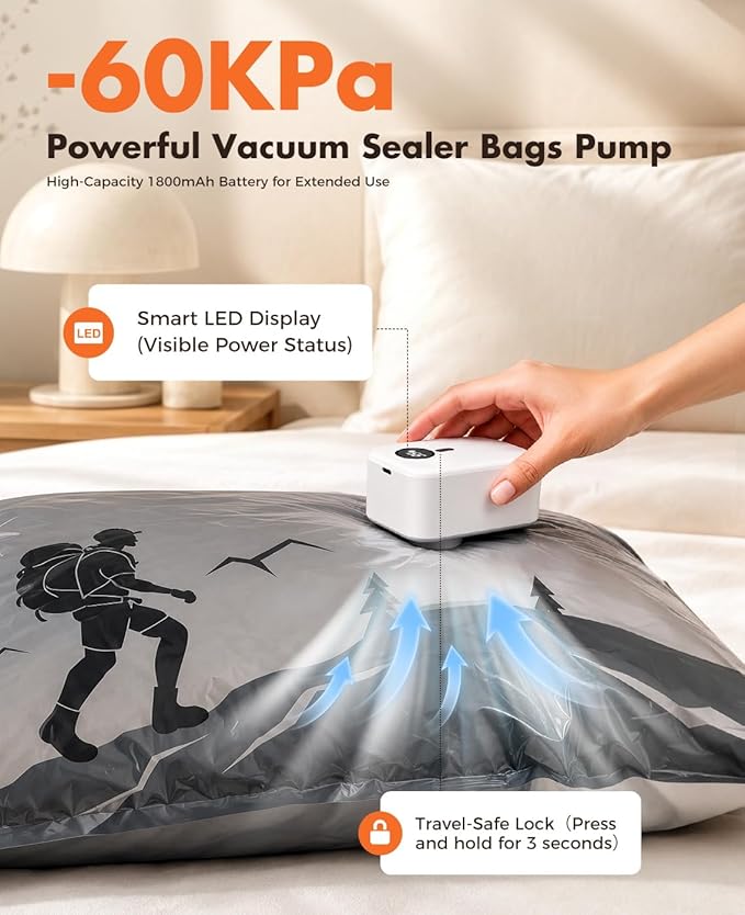 Vacuum Storage Bags with Electric Pump,Covers -60kPa Vacuum Seal Bags for Clothing Devices, Travel Bags with Portable Cordless Pump Included, Compatible with Bags 20 Combo Set - Image 2