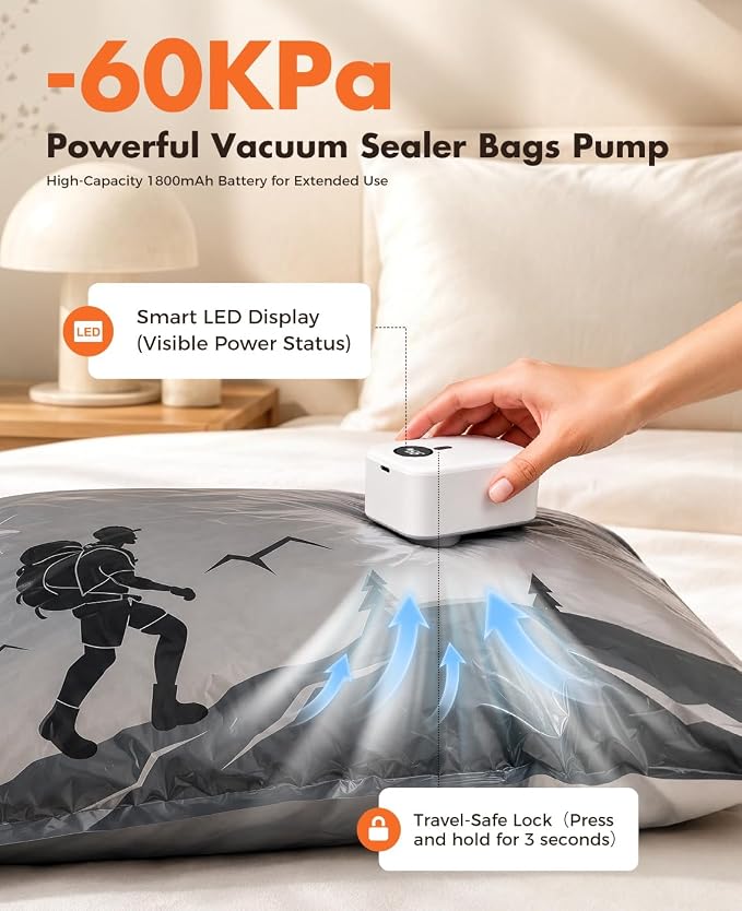 Vacuum Storage Bags with Electric Pump,Supports -60kPa Vacuum Seal Bags for Clothing Included, Travel Bags with Portable Cordless Pump, Compatible with Bags 10 Combo Set - Image 2