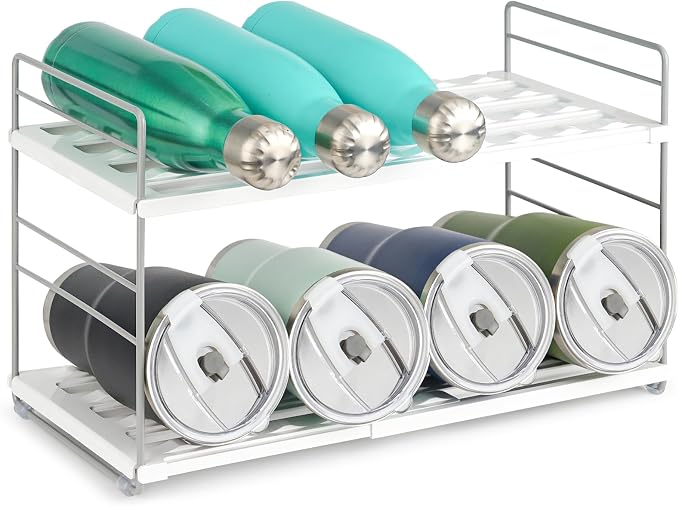 Water Bottle Organizer For Cabinet, Adjustable Tumbler Storage, Expandable Water Bottle Holder For Kitchen Organization, 2 Tier Cup Organizer For Sports Flask Insulated Travel Mug Fridge, White by JUPELI