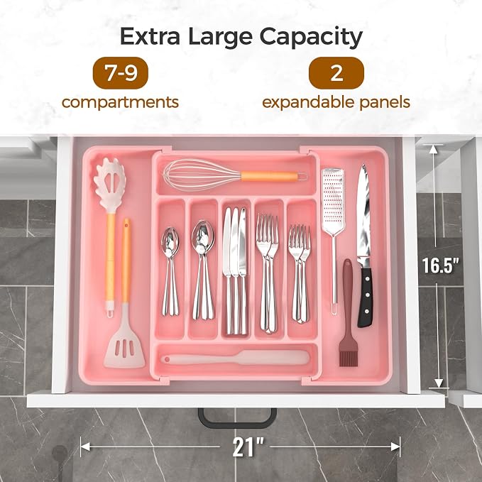 ukeetap Extra Large Expandable Silverware Organizer, Flatware Tray, Pink | BPA-Free Food-Safe Kitchen Utensil Cutlery Drawer Organizer, Adjustable Silverware Holder for Spoons Forks Knives - Image 2