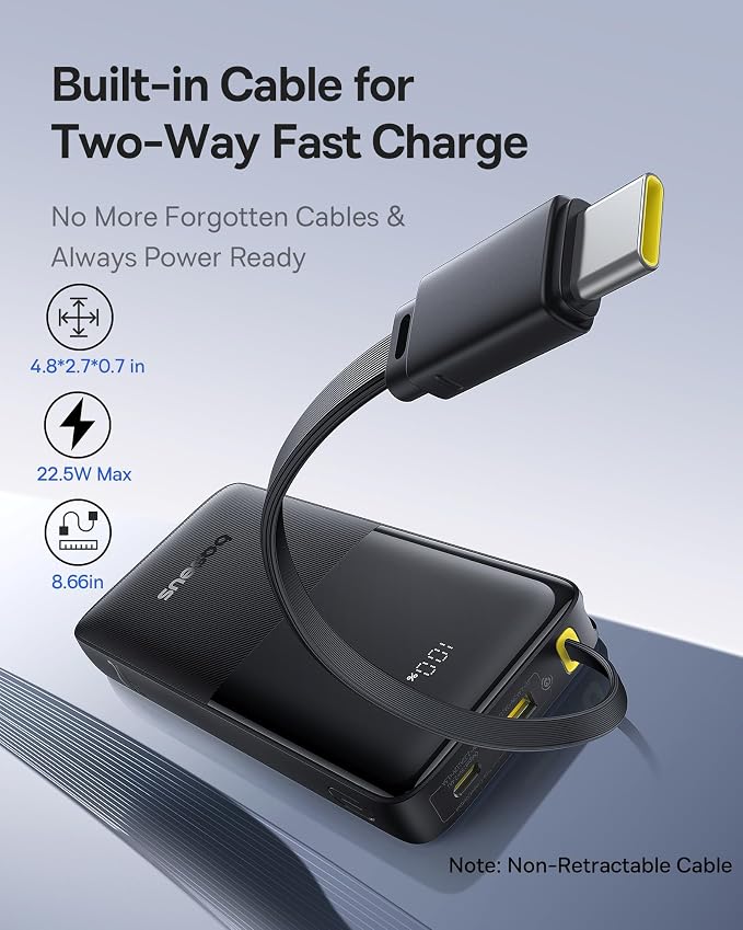 Baseus Portable Charger, 10000mAh Fast Charging Power Bank, 22.5W PD3.0 QC3.0 Battery Pack Built-in USB C Braided Cable, Travel Essentials for iPhone 17 16 15, iPad, S25/S24, Indoor/Outdoor, Travel - Image 2