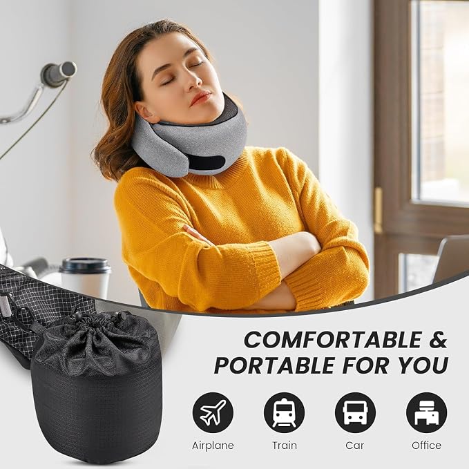 Portable Travel Neck Pillows, 100% Memory Foam Filling, Travel Pillows for Airplanes, Compact and Ergonomic Design, Best for Sleeping Plane Train Travel Essentials (Light Grey) - Image 4