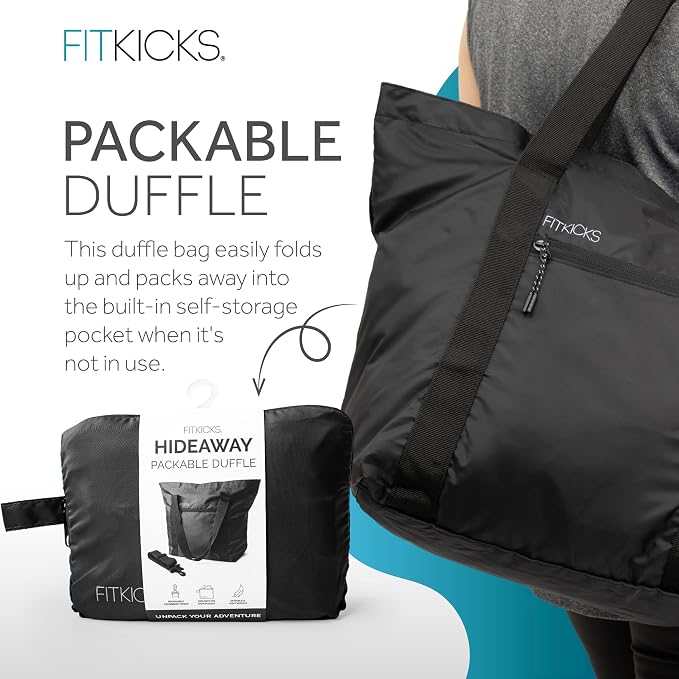 FITKICKS Hideaway Packable Duffle, Large Duffle Bag for Travel, Black - Image 4