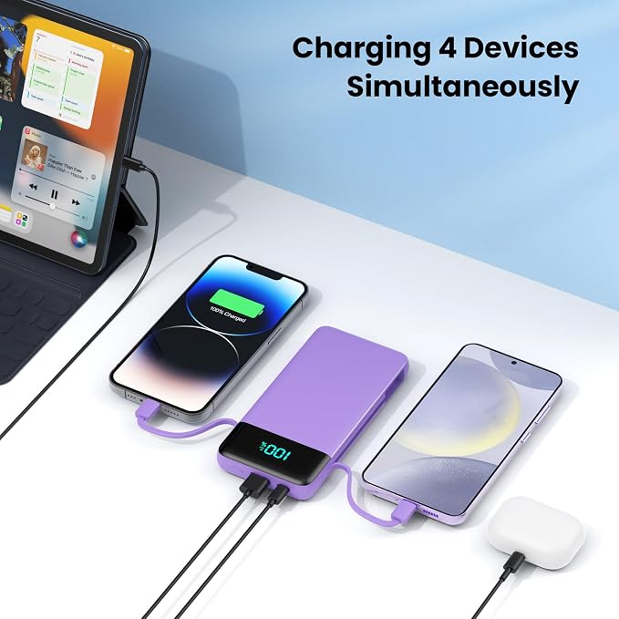 Portable Charger for iPhone,13800mAh Slim Power Bank with Built-in Cables & AC Wall Plug,All in One 4 Outputs USB C Fast Charging Battery Pack for iPhone 17/16/15/14,Android,Travel Essential (Purple) - Image 3
