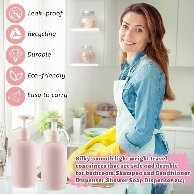 6 Pcs 10 oz Soft Plastic Bottles with Press Pump,Empty Refillable Travel Shampoo Dispenser Container for Hand Soap,Shampoo,Lotion,Body Wash,Conditioner,Silicone Funnel Included (Pink) - Image 5