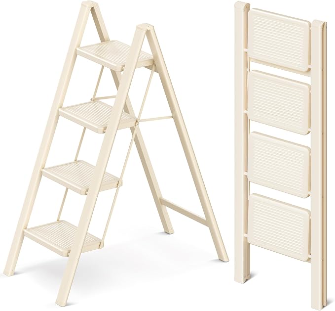4 Step Ladder, Foldable Step Stool with Wide Anti-Slip Pedal | Portable, Sturdy Carbon Steel, 330LBS Capacity, Easy Storage, Space Saving, for Kitchen, Closet, Cream White by GameGem