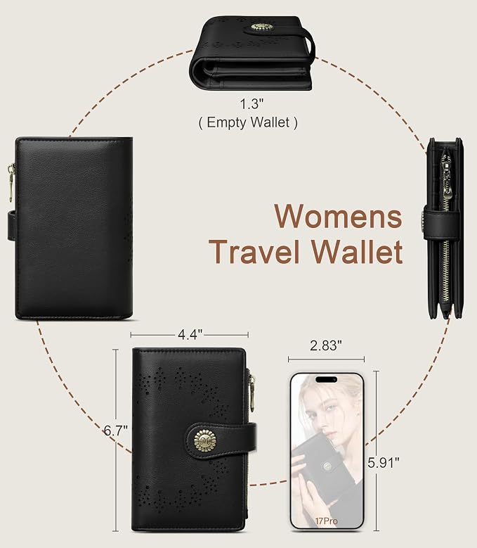 Black Wallet Women RFID Bifold, Passport Holder Credit Card Holder | 6.7" x 4.4" x 1.3" Travel billfold, Zipper Coin Pocket, PU Leather Clutch, Purse, ID Window, Pen Holder, Gift for Ladies Girl - Image 5