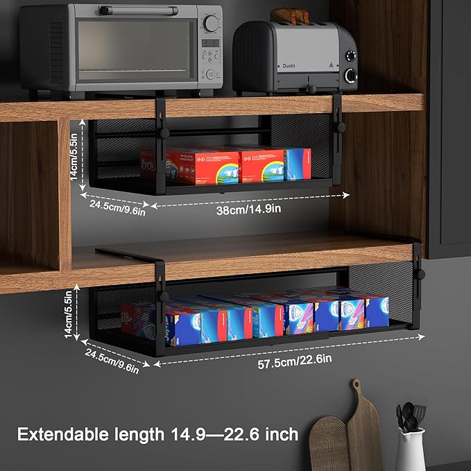 AmonHouseware 2Pack Expandable Under Shelf Storage Basket Organizer,Black | Adjustable Hanging,Length Stretchable14.9-22.6Inch,Under Cabinet Shelf for Laundry Room Kitchen Pantry Desk Counter Cupboard - Image 2