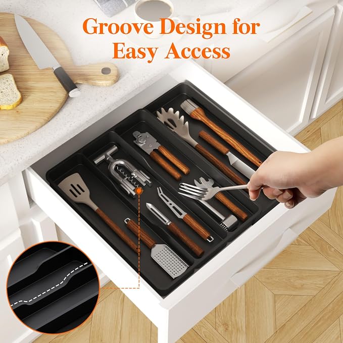Lifewit Utensil Organizer for Kitchen Drawer, Expandable Cooking Tray | Adjustable Cutlery Flatware Holder, Plastic Silverware Spatula Tools Storage Divider, 11.9-17.3 x 15.8", Black - Image 8