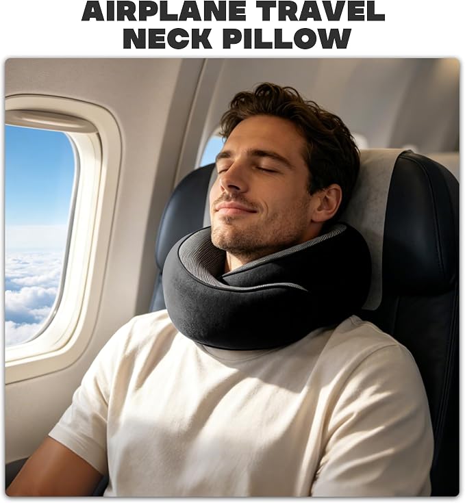 Neck Pillow for Traveling, New Upgraded Travel Neck Pillow, 100% Pure Memory Foam Travel Pillow for Flight Headrest Sleep,Portable Aircraft Accessory,Suitable for use on Plane/Car/Office(Black) - Image 5
