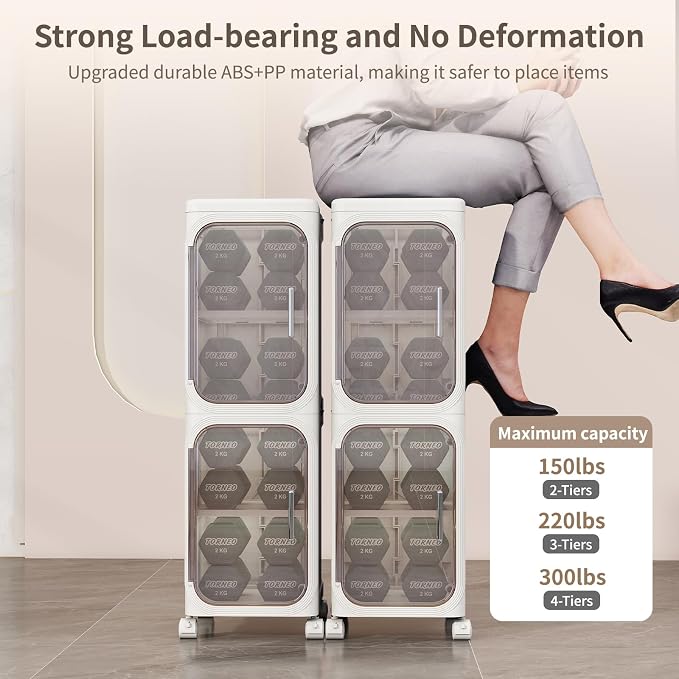 5 Tier Slim Bathroom Storage Cabinet, Foldable and Movable, White | Tools Free, ABS and PET, Magnetic Clear Door, Adjustable Shelves, Lockable Wheels, Water Resistant, For Narrow Space - Image 6