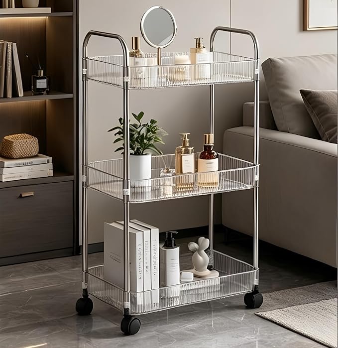 Sooyee Clear 3-Tier Plastic Rolling Utility Cart with Wheels | Multi-Functional Storage Cart Trolley, For Office, Bathroom,Living Room, Kitchen, Movable Storage Organizer - Image 5
