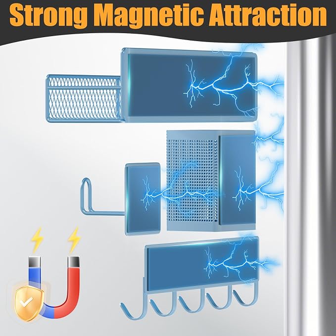 Magnetic Spice Rack for Refrigerator, 10 Pack Metal Magnetic Shelf, Moveable Spice Organizer with Hook Rack, Paper Towel Holder, Kitchenware Holder, Strong Magnetic Storage Fridge Organizer Blue - Image 3