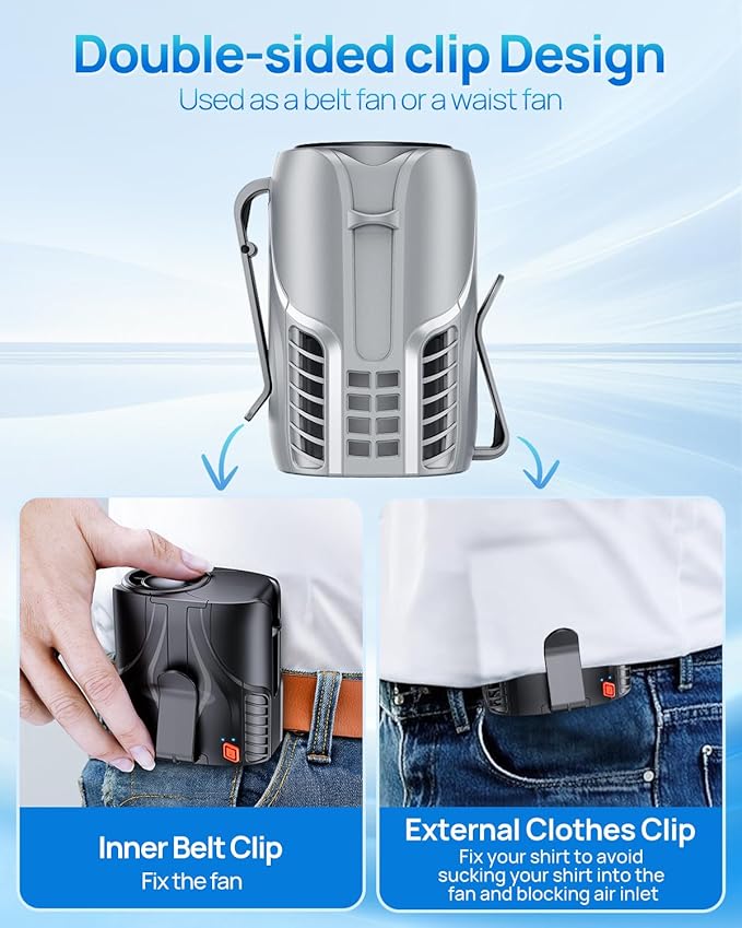 Portable Personal Waist Fan& Neck Fan, 14000RPM Brushless Motor, 40H Runtime Rechargeable, 6-Speed Quiet Operation, Clip-On Personal Body Cooling for Camping/Worksites/Outdoor - Image 6