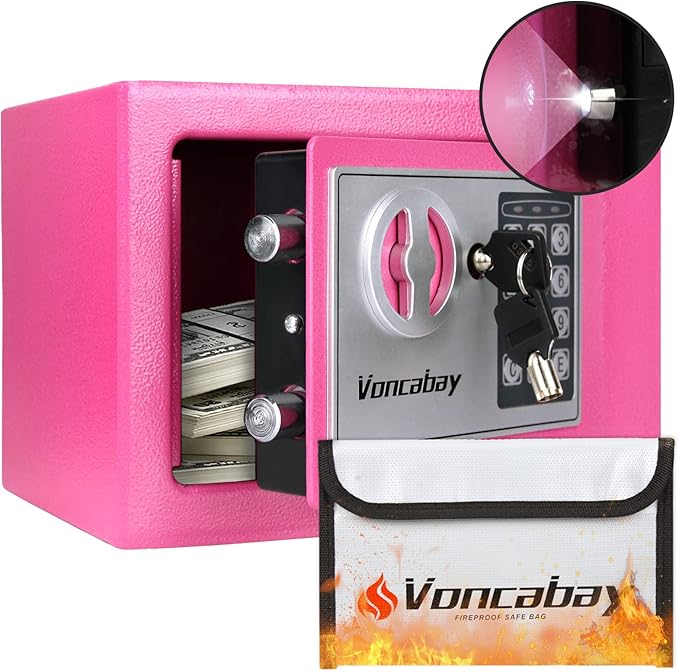 Voncabay Money Safe Box for Home with Digital Keypad, 0.23 Cu. Ft., Pink | Alloy Steel, Sensor Light, Fireproof Bag Included, 2 Override Keys, 4 Mounting Screws, Carpeted Mat, 9 x 6.6 x 6.5 In. by Voncabay