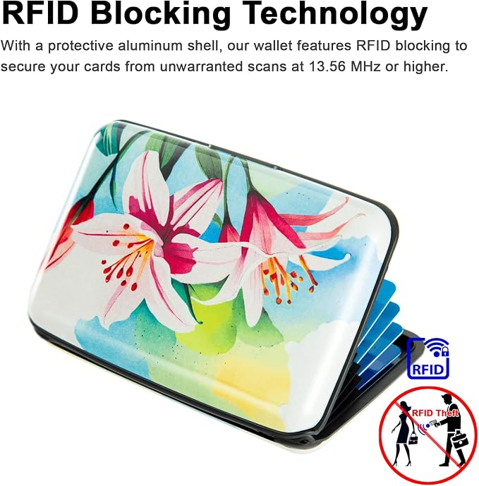 Credit Card Holder, Metal Card Wallet RFID Blocking Mini Slim Aluminum Business Hard Card Case for Women Men (Watercolor Lilies) - Image 4