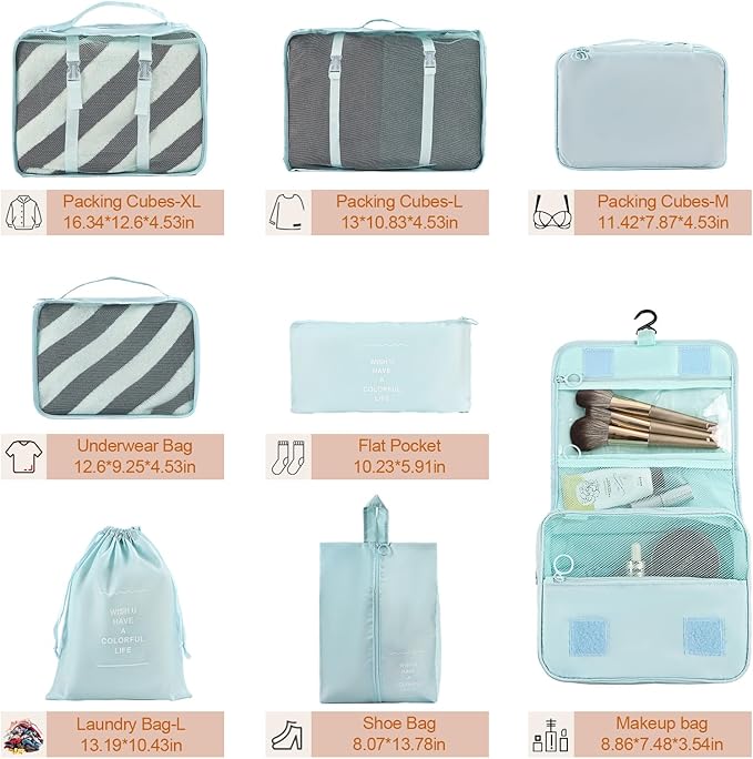 Packing Cubes for Travel, 8 Set Luggage Organizer Bags Travel Cubes for Packing Compression Luggage Cubes for Suitcase Carry on Travel Essentials with Laundry & Toiletry Bag (blue) - Image 2
