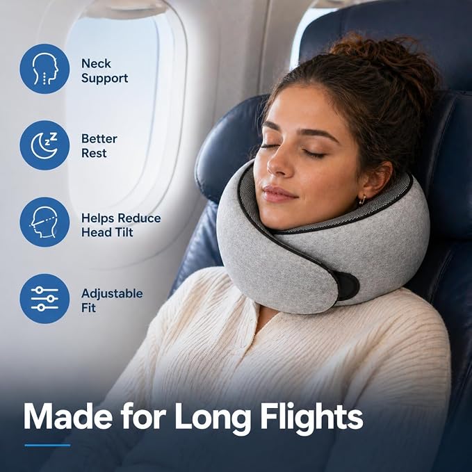 Purroch G-Shape Memory Foam Travel Neck Pillow, Medium Gray | 100% Pure Foam Ergonomic Support for Airplane Flights, Car Trips And Office Naps, Includes Eye Mask and Ear Plugs - Image 4