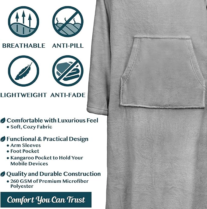 PAVILIA Fleece Blanket with Sleeves, Foot Pockets for Women Men Adults, Plush Wearable Blanket Throw Wrap, Warm Snuggle Blanket Robe, Cozy Gift Ideas Wife Mom, Light Gray - Image 4
