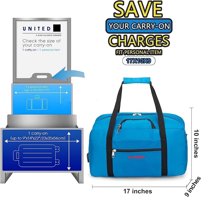 17x10x9 United Airline Personal Item Under Seat Duffel Bag With Free Pillow And USB Port (Royal Blue) - Image 2