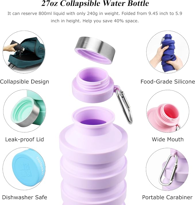 Nefeeko Collapsible Water Bottle, 27oz Reuseable BPA Free Silicone Foldable Water Bottles for Travel Gym Camping Hiking, Portable Leak Proof Sports Water Bottle with Carabiner | Foldable Water Bottles for Travel Gym Camping Hiking, Portable Leak Proof ... - Image 4