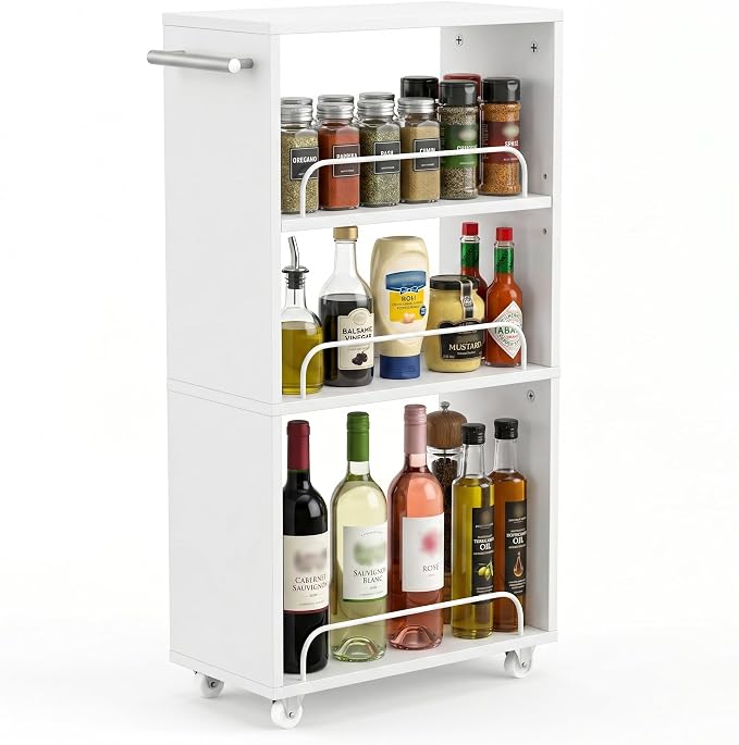 7.7'' Slim Rolling Storage Cart 4 Tier Wood Utility Cart Spice Rack Kitchen | Slide Out Narrow Rolling Cart with Adjustable Shelves,with Handle for Kitchen Laundry Bathroom Small Space by FerniTry