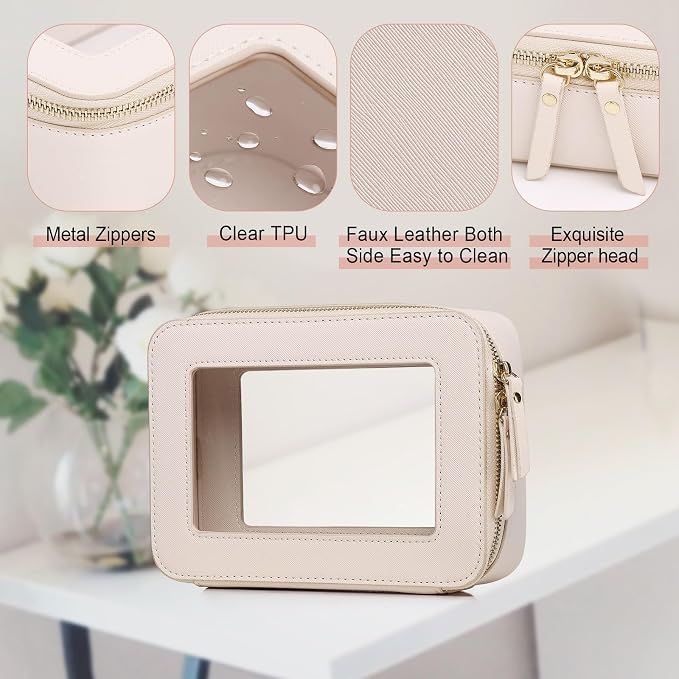Pinkmik Clear Makeup Bag, (Beige, M) | Waterproof, Travel Cosmetics and Toiletries Case, Portable Makeup Organizer, Clear Car Bag with Zipper - Image 5