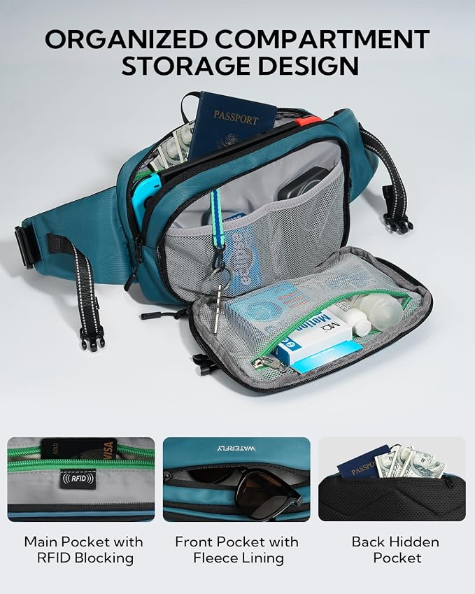 WATERFLY Fanny Pack Waist Bag: 3L Large RFID Anti-Theft for Travel | 180-Degree Opening Design, 5 Pockets, Nylon, Reflective Webbing, Adjustable Buckles, Hiking Daily Use, Women Men - Image 4