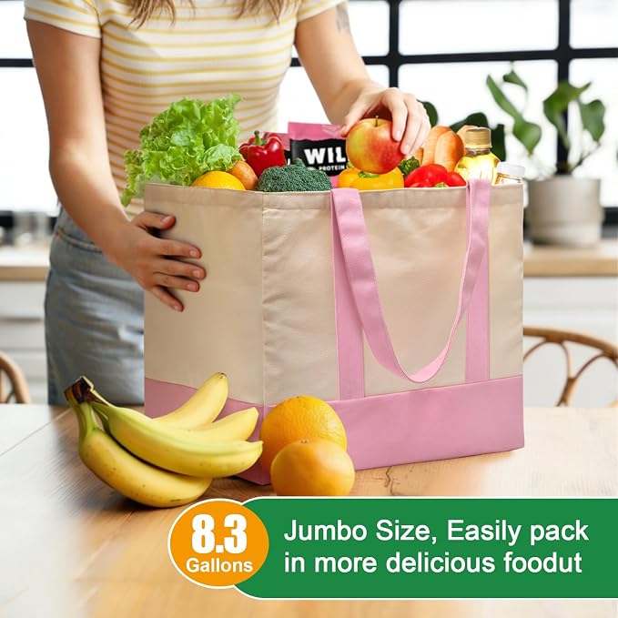 3-Pack Heavy Duty Canvas Reusable Grocery Bags, 8.3 Gal Foldable Large Tote with Handles, Washable Eco-friendly Bags with 5 Pockets, (Pink/Beige) - Image 3