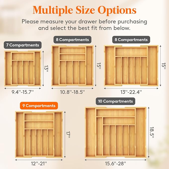 Lifewit Silverware Drawer Organizer, Wooden Utensil Tray for Kitchen | Expandable Flatware and Cutlery Holder, Adjustable Storage for Spoons Forks Knives, 12-21 x 17", Natural - Image 2