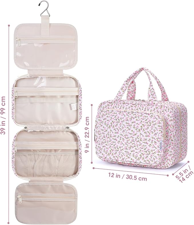 Narwey Travel Toiletry Bag for Women Large Hanging Makeup Bag Organizer Toiletries Bag for Full Size Essentials Accessories Cosmetics (Pink Flower (Large)) - Image 9