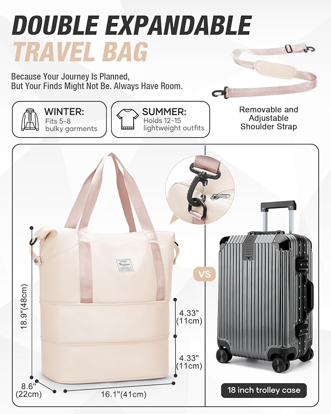 Expandable Travel Duffle Bag for Women Men, Large Gym Bag Travel Tote Bags, Waterproof Carry On Personal Item Bag Airline Approved, Workout Weekender Bag for Overnight Trips with Luggage Sleeve, Beige | Waterproof Carry On Personal Item Duffel Bag 40L ... - Image 4