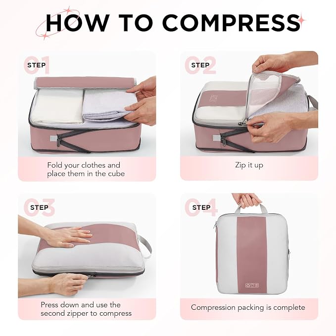 OlarHike 10 Set Compression Packing Cubes for Travel Essentials,Compressible Expandable Space Saver Bags for Organizing Clothes,Luggage Suitcase Garment Bags with Over 1000 pcs Mesh Holes(Light Coral) - Image 3