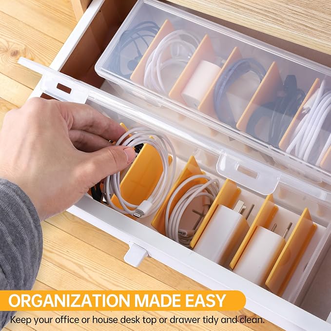 PAVSTINE Clear Cable Organizer Box with Lid and Adjustable Dividers | Customizable Compartments, Stackable for Space Saving, Fits Chargers, Cords & Accessories, Compact for Desk or Drawer - Image 6