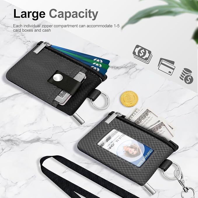 Minimalist RFID Blocking Small Wallet with ID Window,WaterResistant Zip Id Case Wallet with Lanyard Keychain for Cards,Cash,Travel,Women,Men (DarkGrey/Black) - Image 7