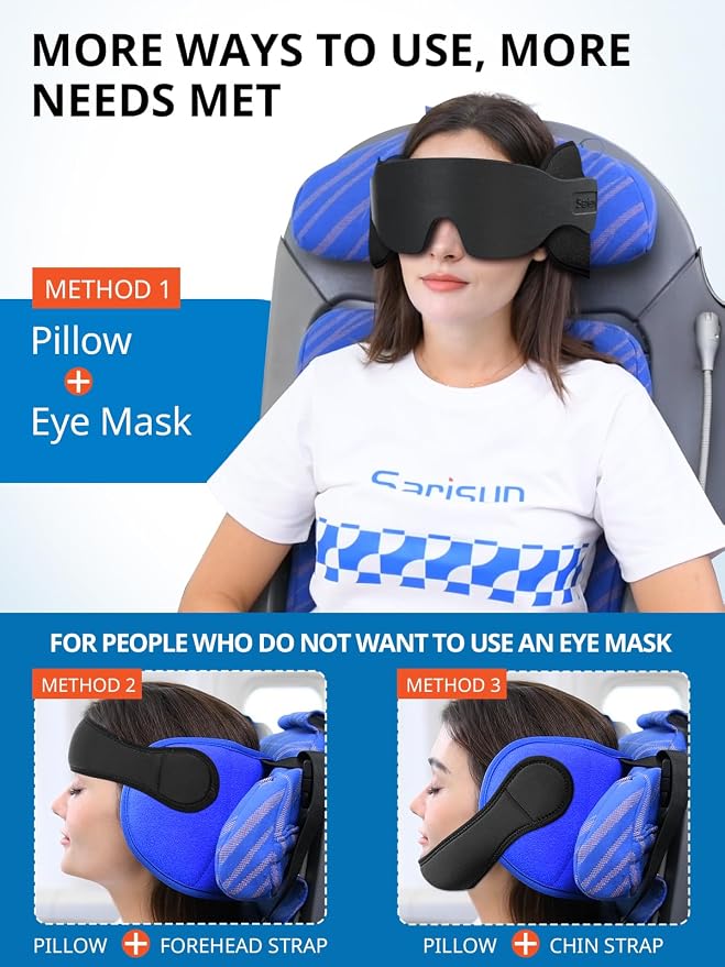 SARISUN Travel Pillow with Chin Strap, Stable Head Support for Long Flight | Extra Chin Support, Secures to Seat Headrest, Airplane Sleep Without Head Bobbing, 360° Support Plane Pillow, Mottled Blue - Image 2
