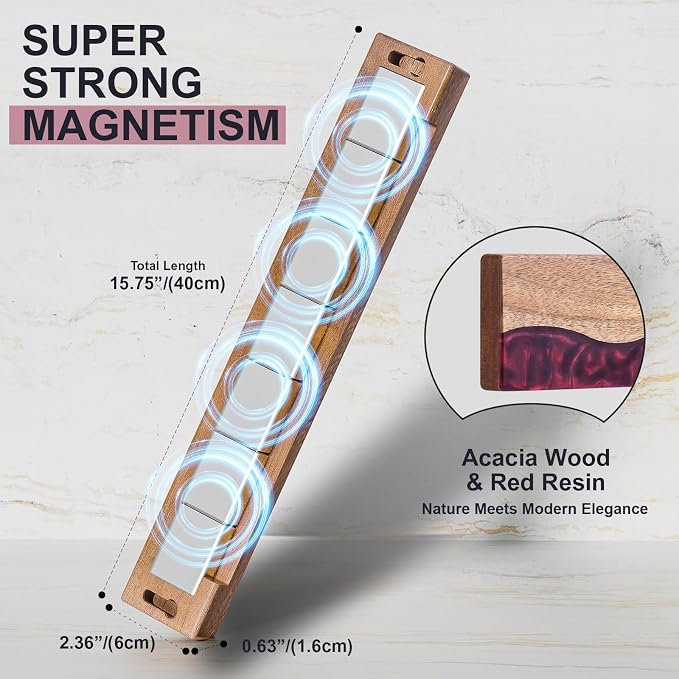 Magnetic Knife Holder for Wall 16 Inch, Acacia Wood Epoxy Resin Magnetic Knife Strip Bar, Powerful Magnet Kitchen Knife Storage Rack, Space-Saving Wall Mounted Organizer ("Ruby" Red Resin) - Image 4