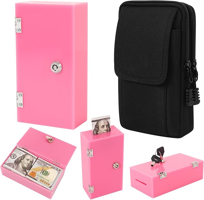 Extra Large Pink Acrylic Box Winners Bank with 2 Keys, Slot, Storage Waist Bag, Portable Casino Cash Money Lock Box Safe for Gamblers, 1Pack by ClarityCraze