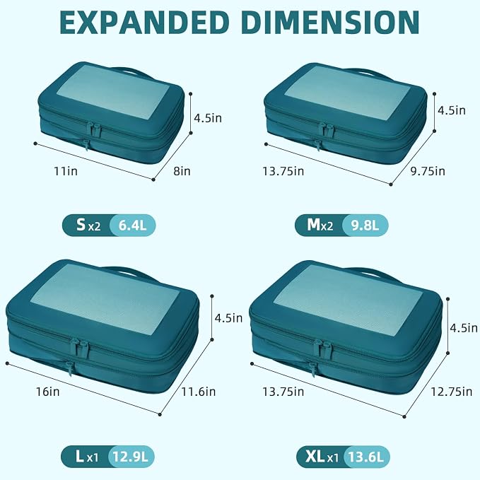 BAGAIL 4 Set/6 Set/8 Set Compression Packing Cubes Travel Accessories Expandable Packing Organizers (Square Mesh, 06-Teal) - Image 2