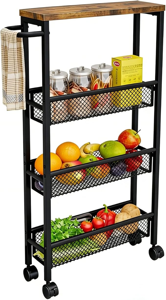 Slim Rolling Cart 4 Tier Narrow Storage Cart on Wheels with Handle | Lockable Wheels, Wood Top Panel, Metal Frame Utility Carts for Kitchen, Dining, Living, Home Office, Laundry Room by AZERPIAN